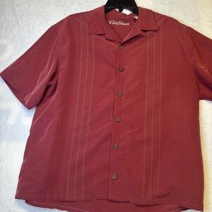 Caribbean_Mens_Embossed Tropical Red_Button Up_Short Sleeve_Shirt_Sz. Large